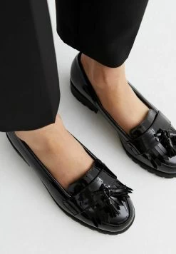 Wide Fit Patent Chunky Fringe Loafers - Scarpe Senza Lacci - Black